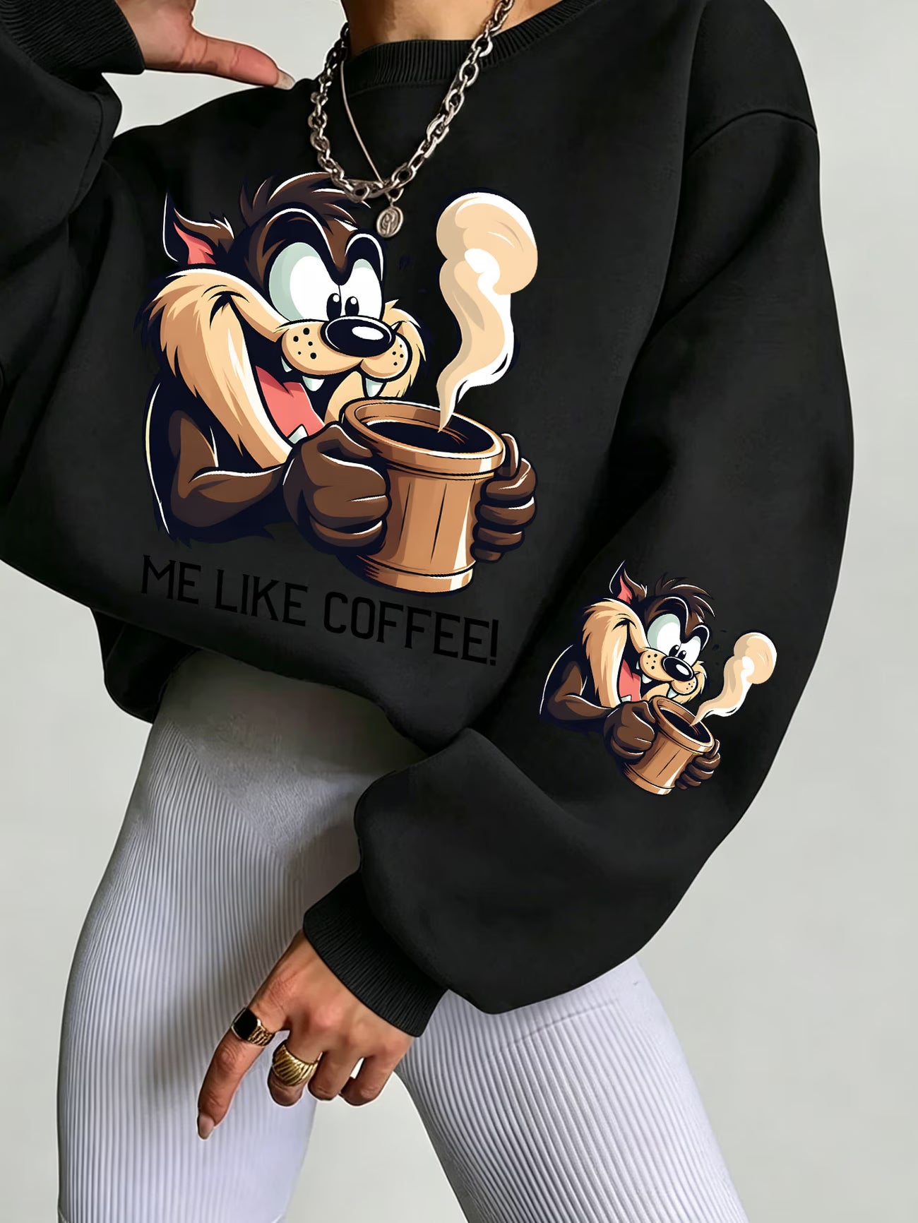 Looney Tunes Taz 'Me Like Coffee' Cartoon Print Crew Neck Sweatshirt
