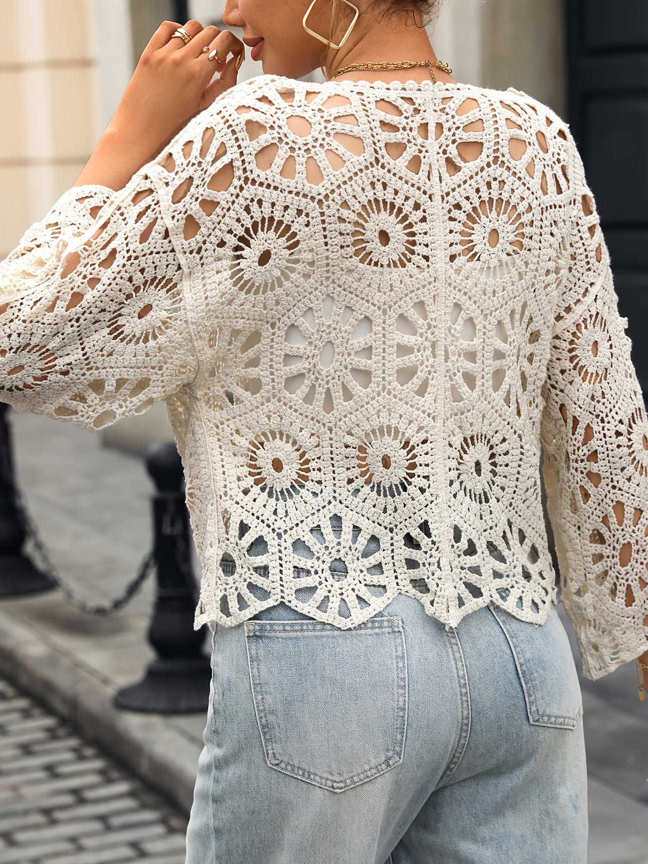 Hollow-Out Lace Oversized Women's Cover-Up Round Neck Cardigan