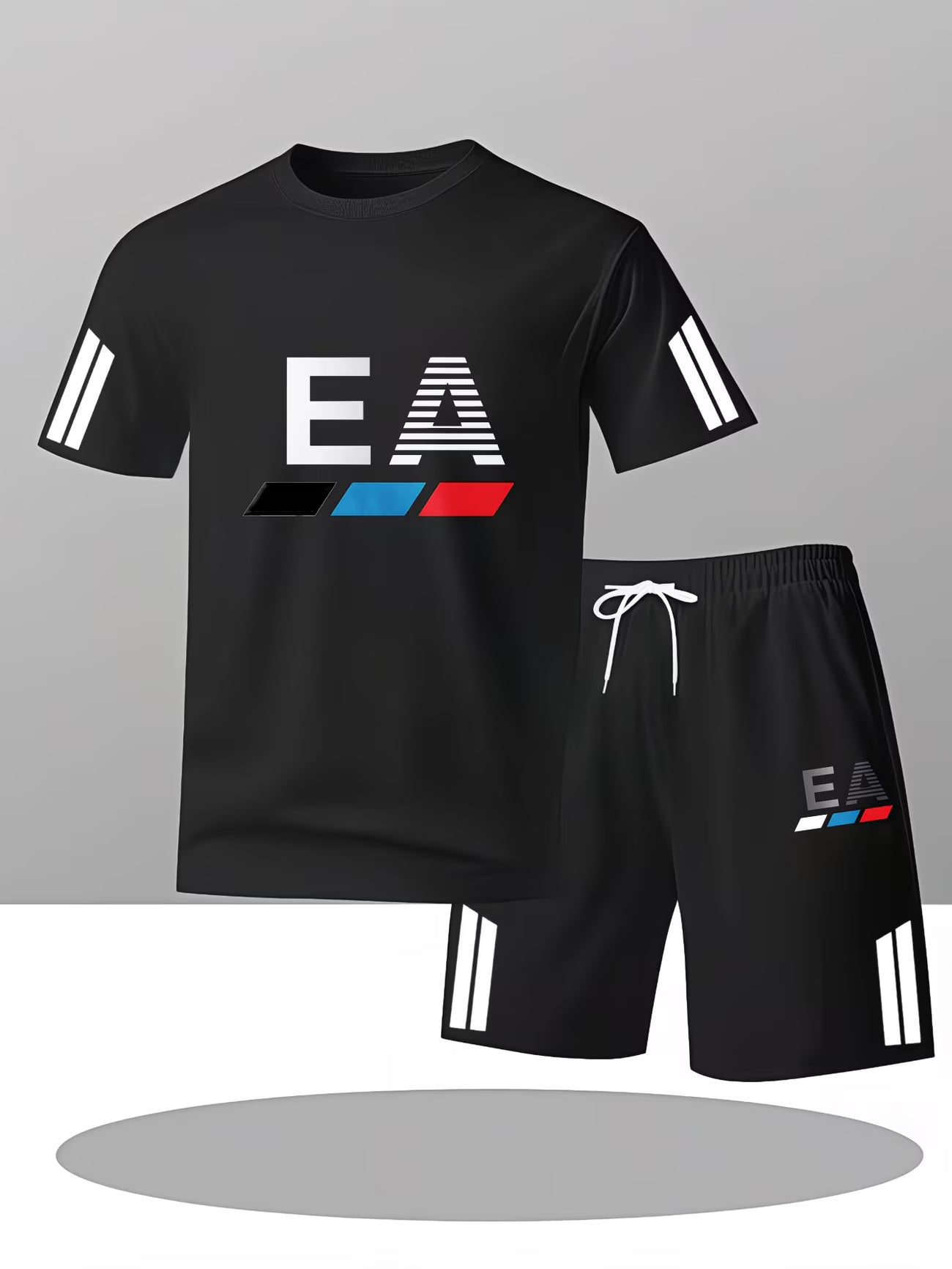 Men's Casual Sportswear Set – EA Logo & Colour Block T-Shirt
