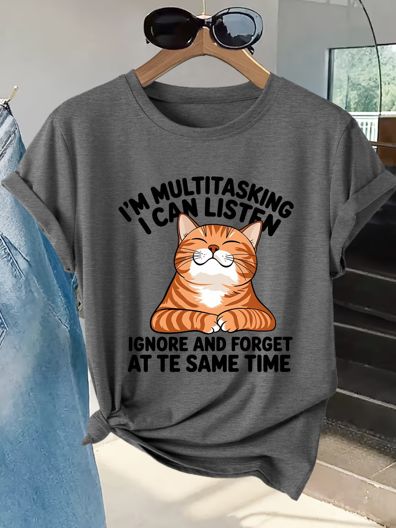 Women's Playful Orange Cat Print Graphic Tee | Short-Sleeve T-Shirt