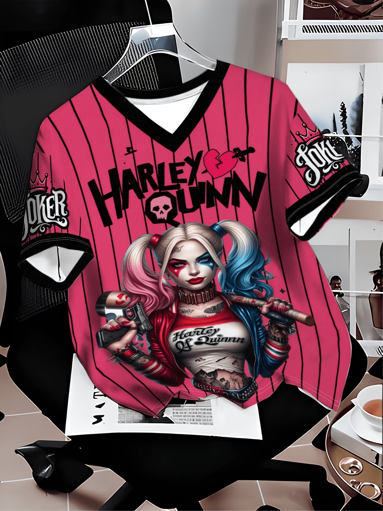 Harley Quinn Street Graffiti-Style Women's V-Neck T-Shirt with Bright Striped Short Sleeves