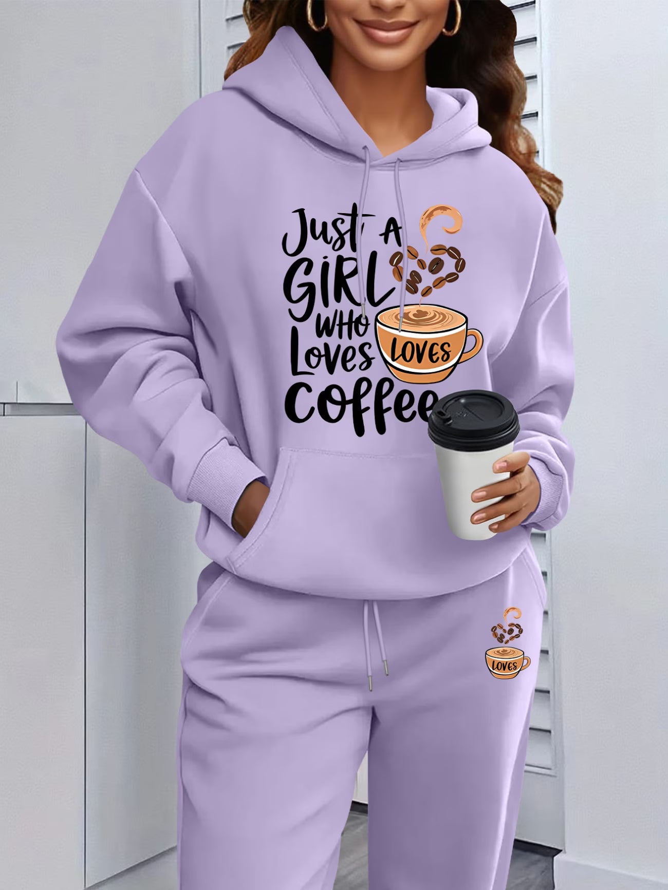 Coffee Lover Cup & Text Print Hooded Sweatshirt & Joggers Set