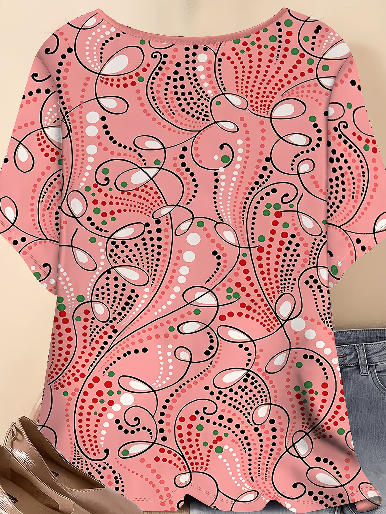 Women's Plus Size Pink Abstract Print T-Shirt — Loose Fit Casual Top