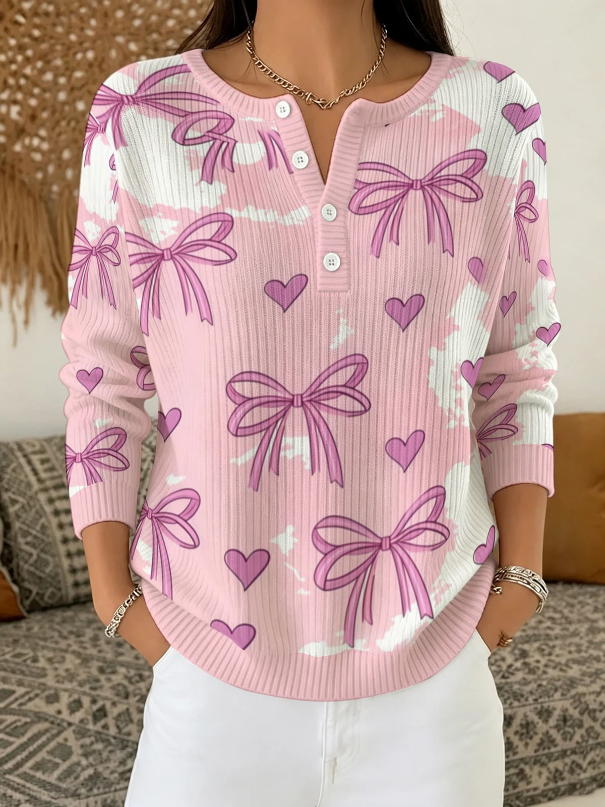 Women's Pink Bow & Heart Print Pullover