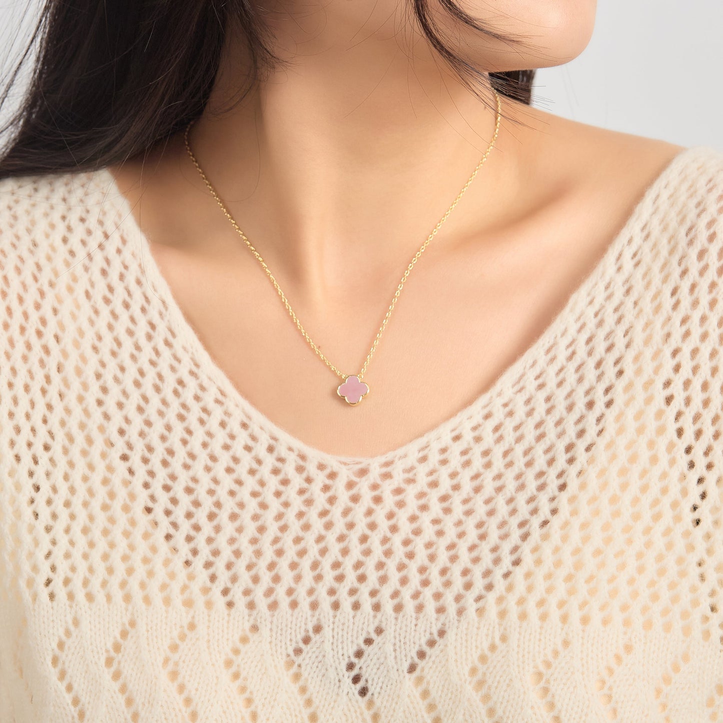 Gold Plated Pink Mother of Pearl Gemstone Clover Necklace