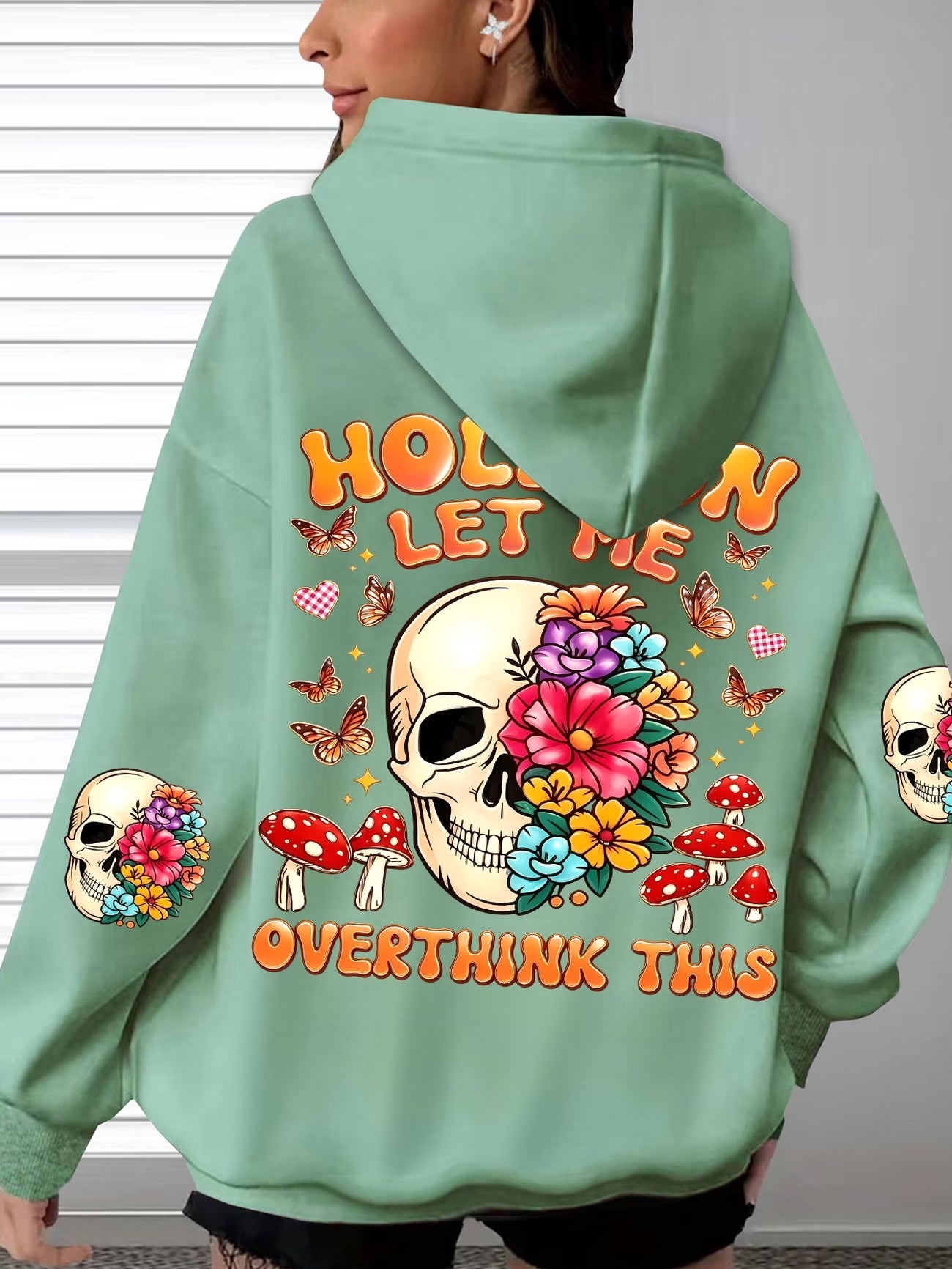 Women's Back Print Hooded Sweatshirt – Vintage Flower, Skull & Mushroom Design