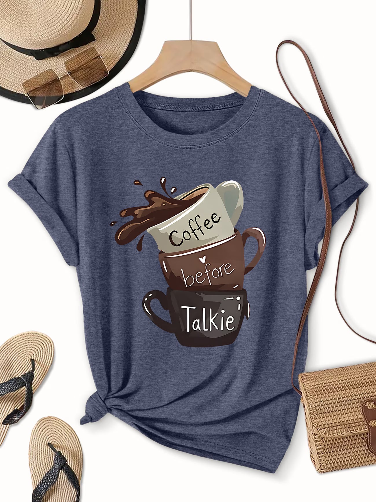 "Coffee Before Talkie" Slogan Tee – Plus Size Round Neck Top