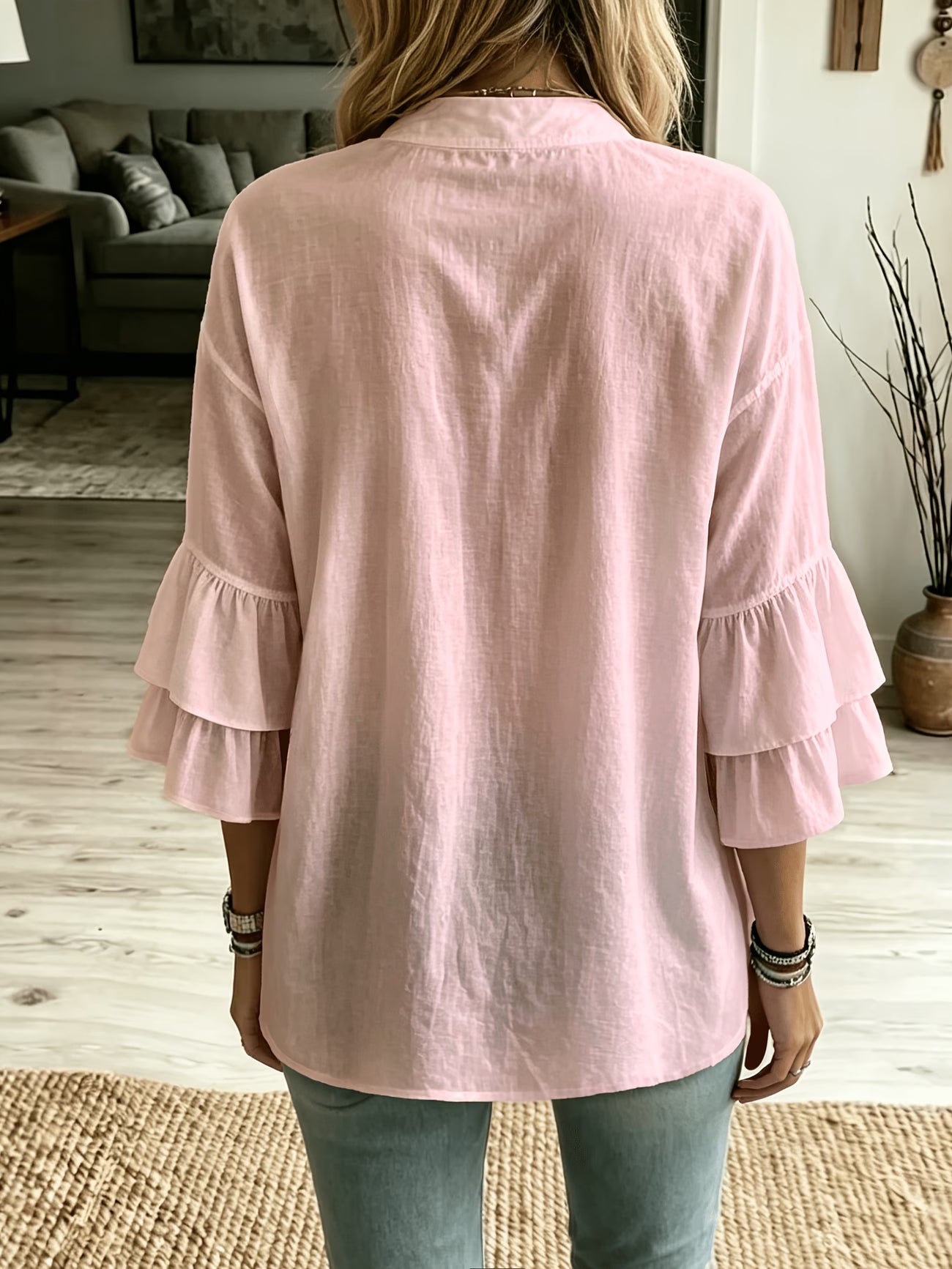 Ruffle Trim Three-Quarter Sleeve Shirt — Contrast Button Detail