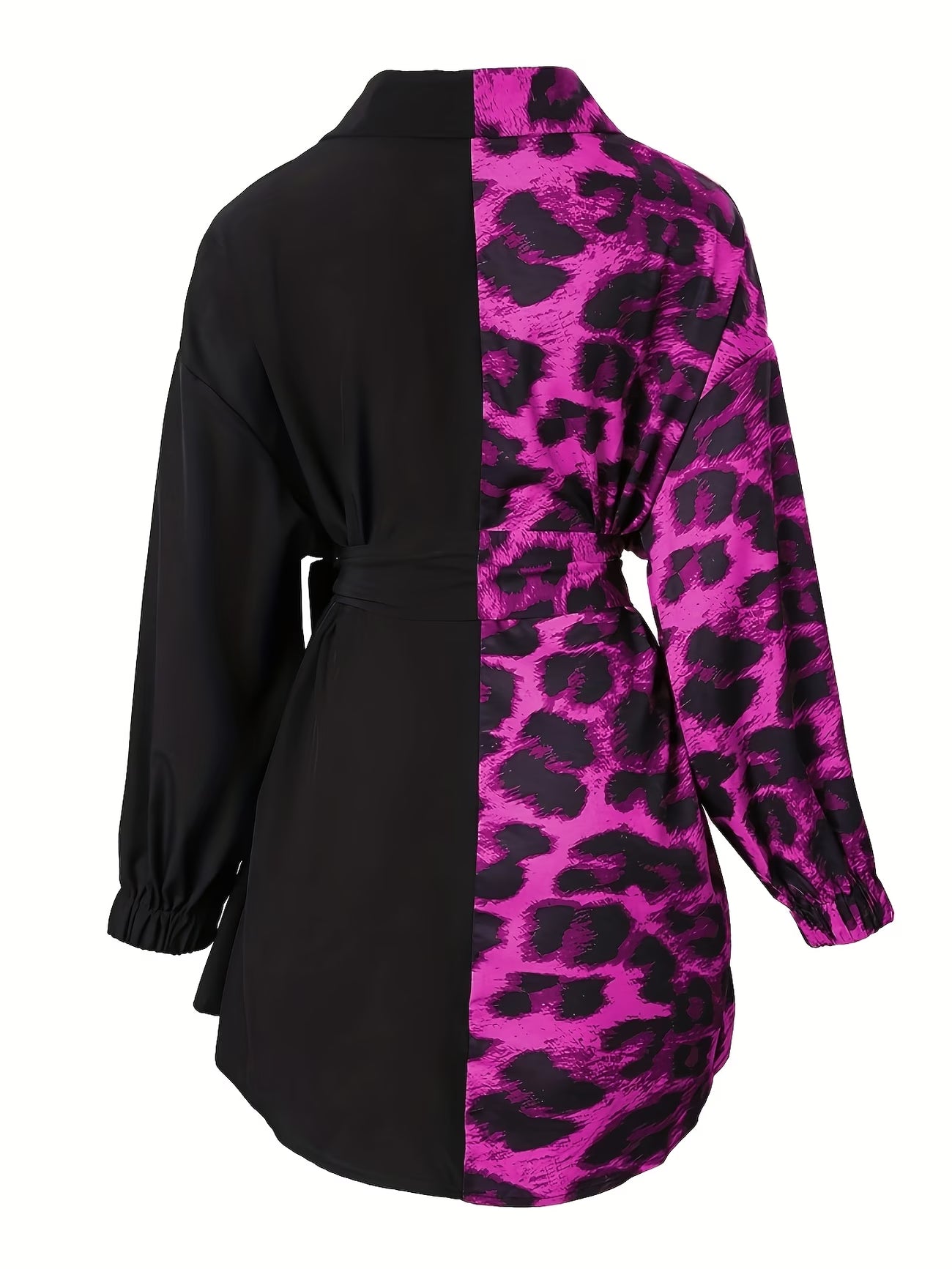 Women's Leopard Print Patchwork Lace-Up Shirt Dress