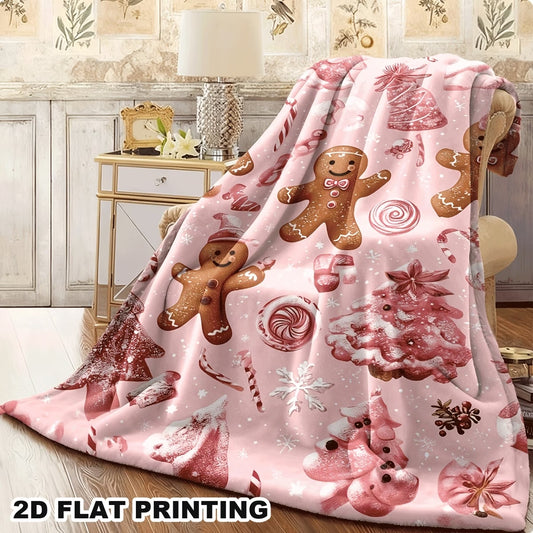 Pink Christmas Gingerbread Man Flannel Throw Blanket – Candy Cane, Tree & Snowflake Print