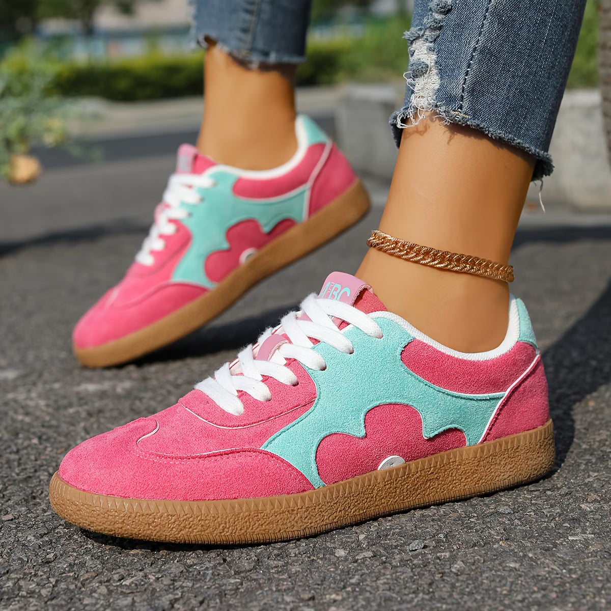 Women's Pink & Mint Green Colorblock Sneakers | Floral Petal Low-Top Trainers