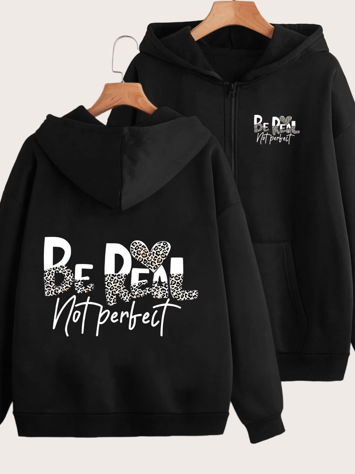 Leopard Heart "Be Real Not Perfect" 2-Pattern Print Y2K Zip-Up Hoodie