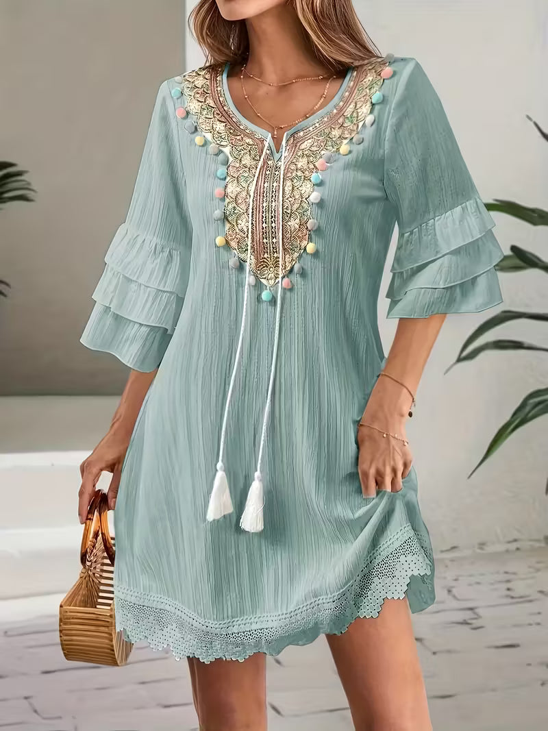 V-Neck Dress with Colourful Tassel & Ruffle Details