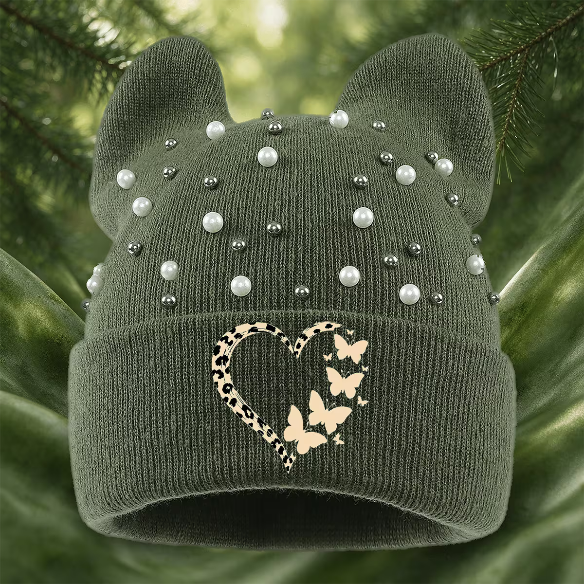 Leopard Print Cat-Ear Beanie with Heart & Butterfly Details