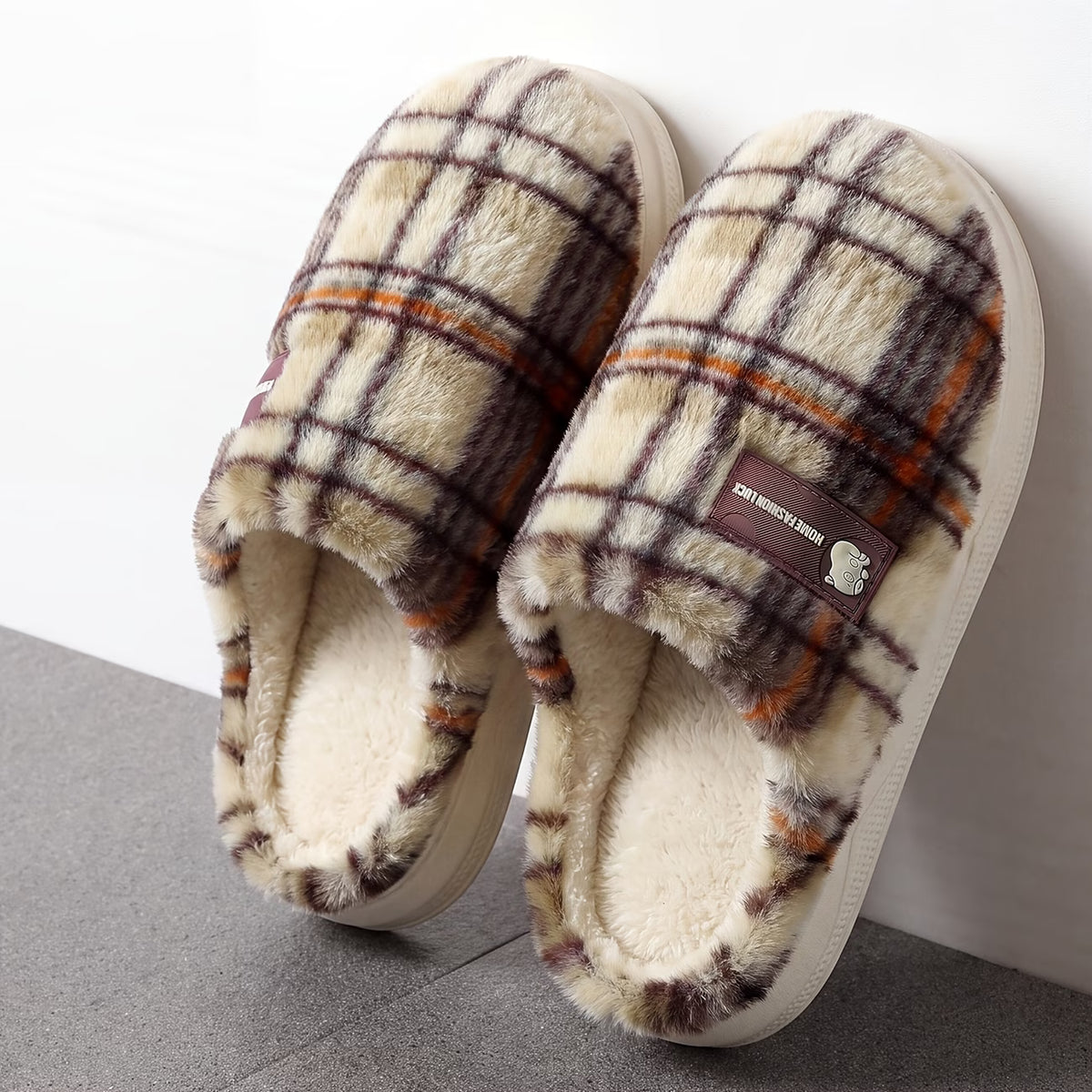 Men's Plaid Letter Home Slippers – Soft Sole Warm Winter Slippers