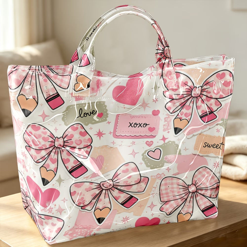 Bow & Heart Collage Glossy Handheld Tote Bag – Random Print