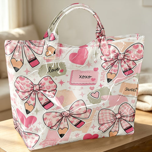 Bow & Heart Collage Glossy Handheld Tote Bag – Random Print
