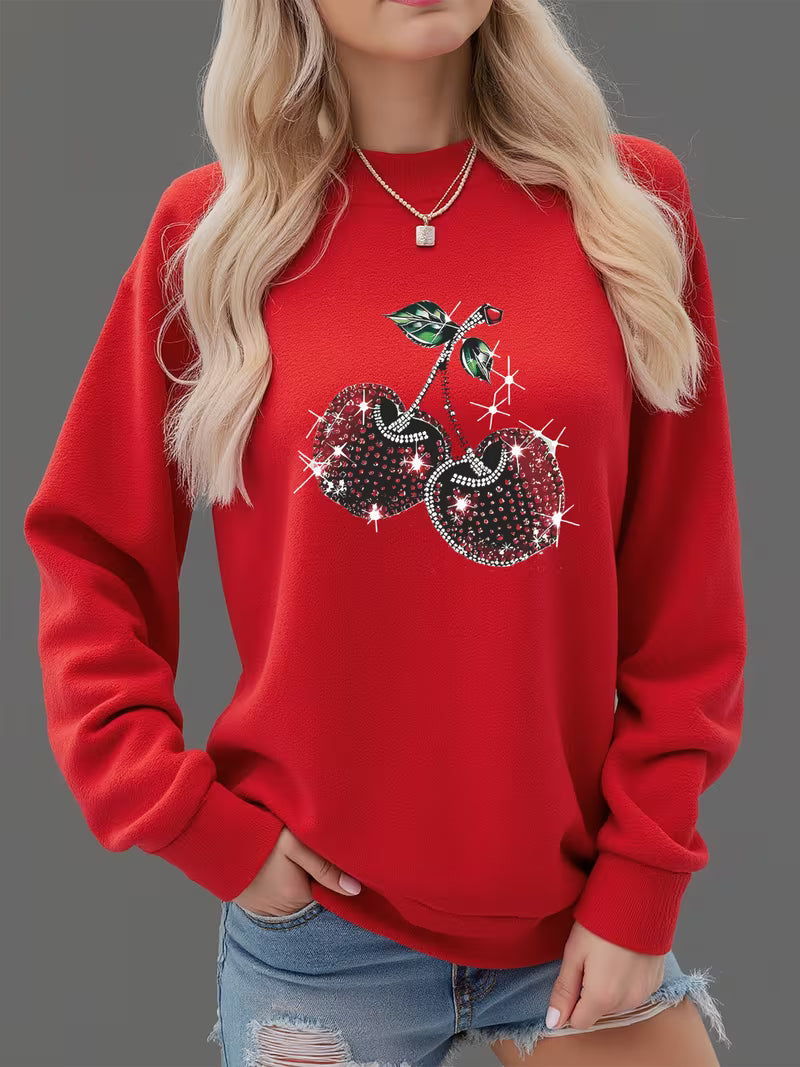 Women'S Black Casual Long Sleeve Sweatshirt with Sparkling Cherry & Star Print