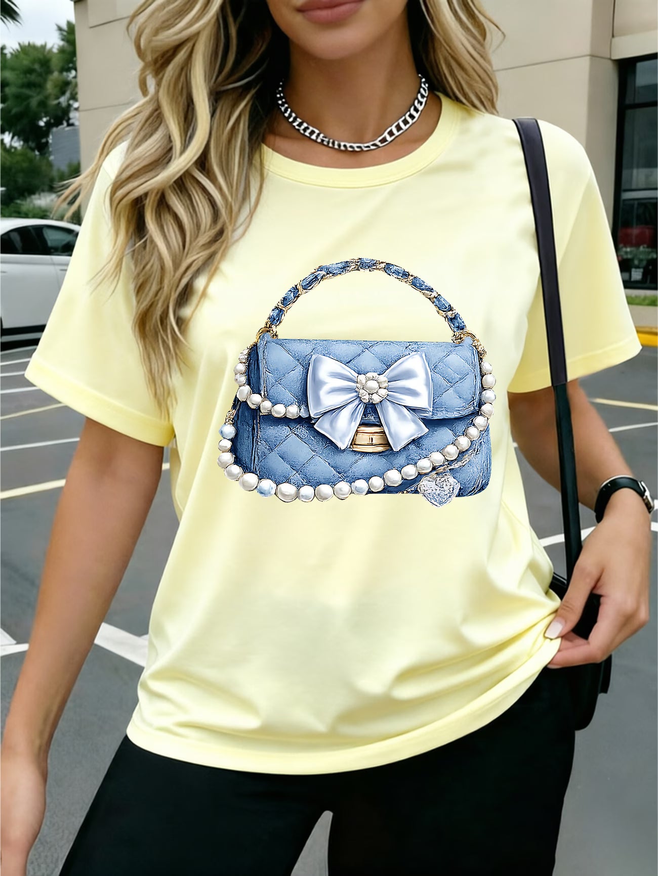 Denim Fabric Soft Denim Pearl Bow Heart T-Shirt