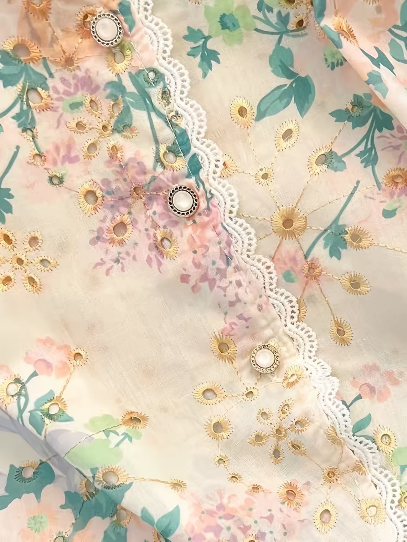 Women's Floral Face Print Blouse — Hollow Embroidery & Short Sleeve Summer Top