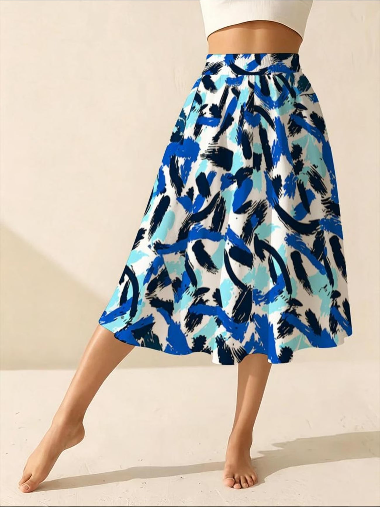 Women's Blue & Black Abstract Midi Skirt