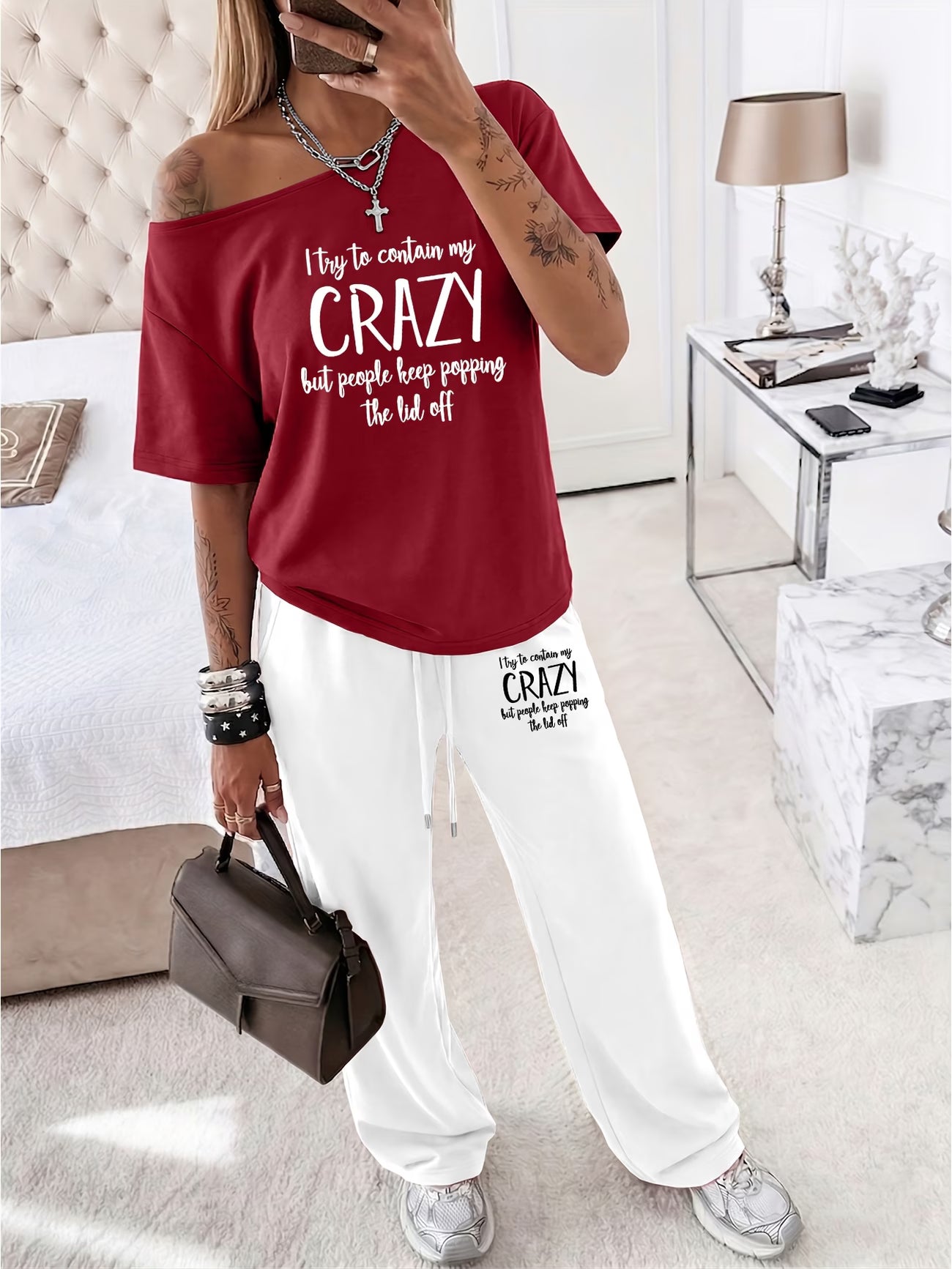 Off-Shoulder Short Sleeve Top & Wide Leg Trousers 2-Piece Co-ord Set