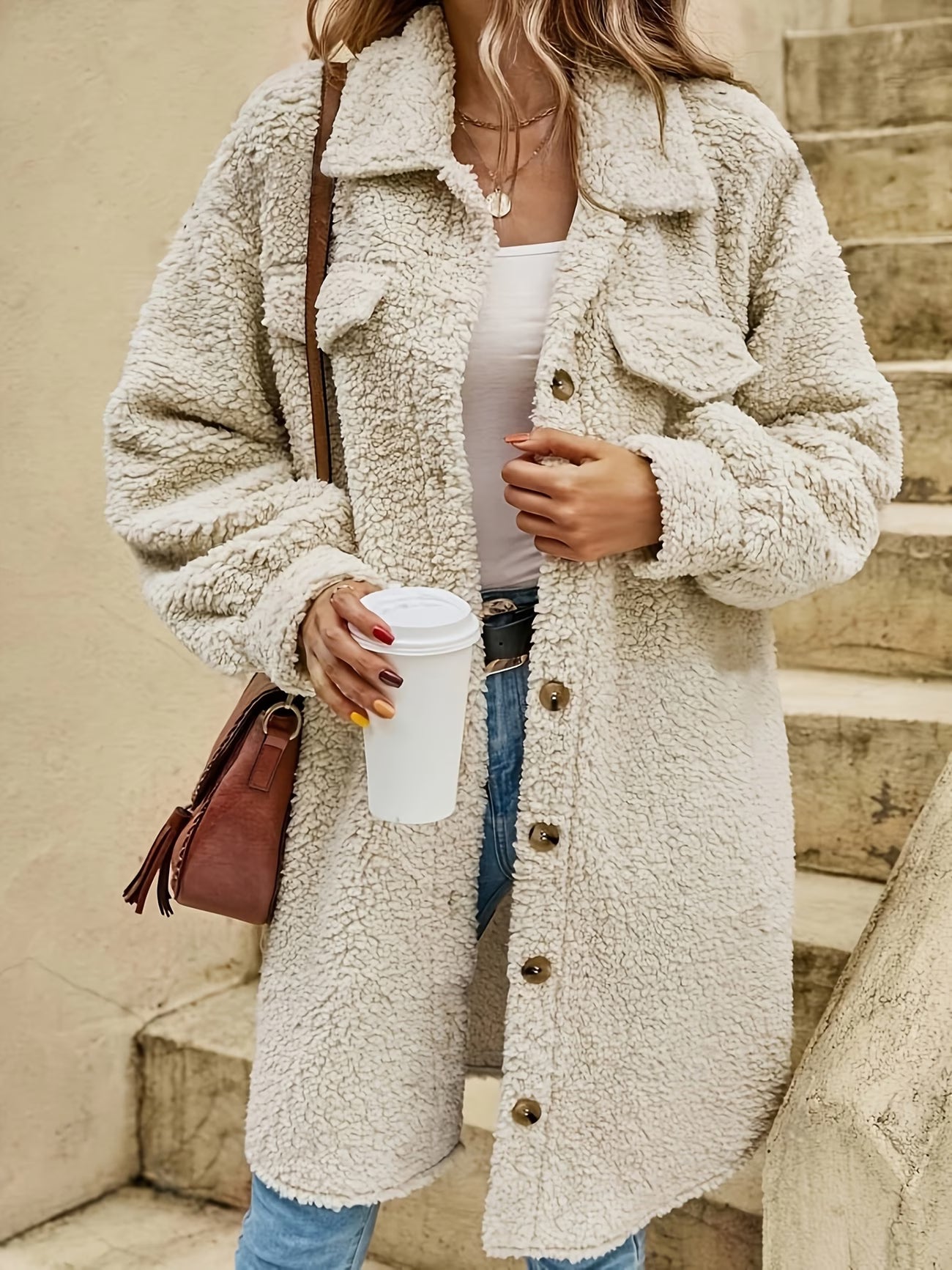 Drop-Shoulder Flip-Lapel Teddy Coat