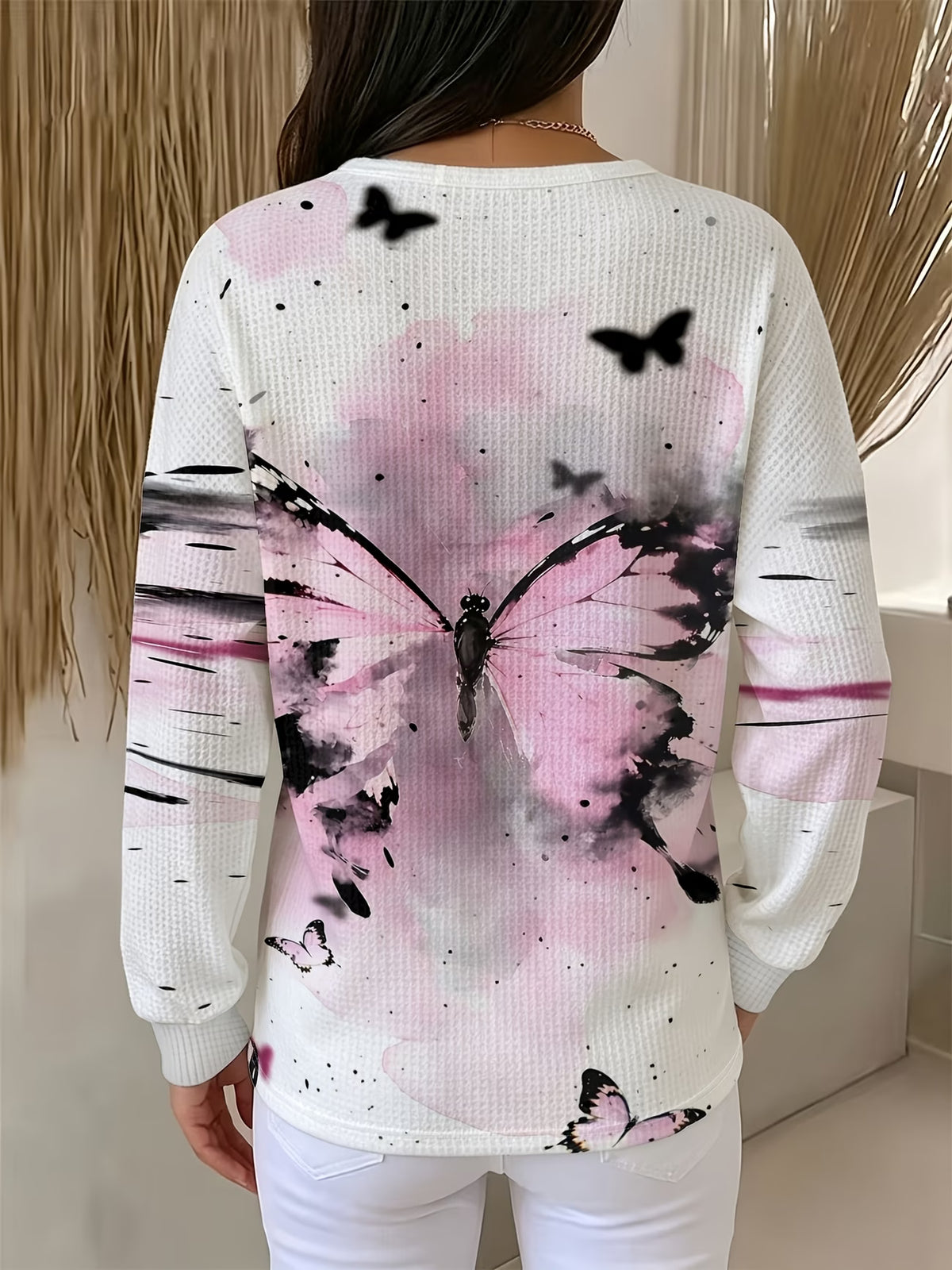Women’s Pink & Black Butterfly Sweatshirt with Ink Splatter Print
