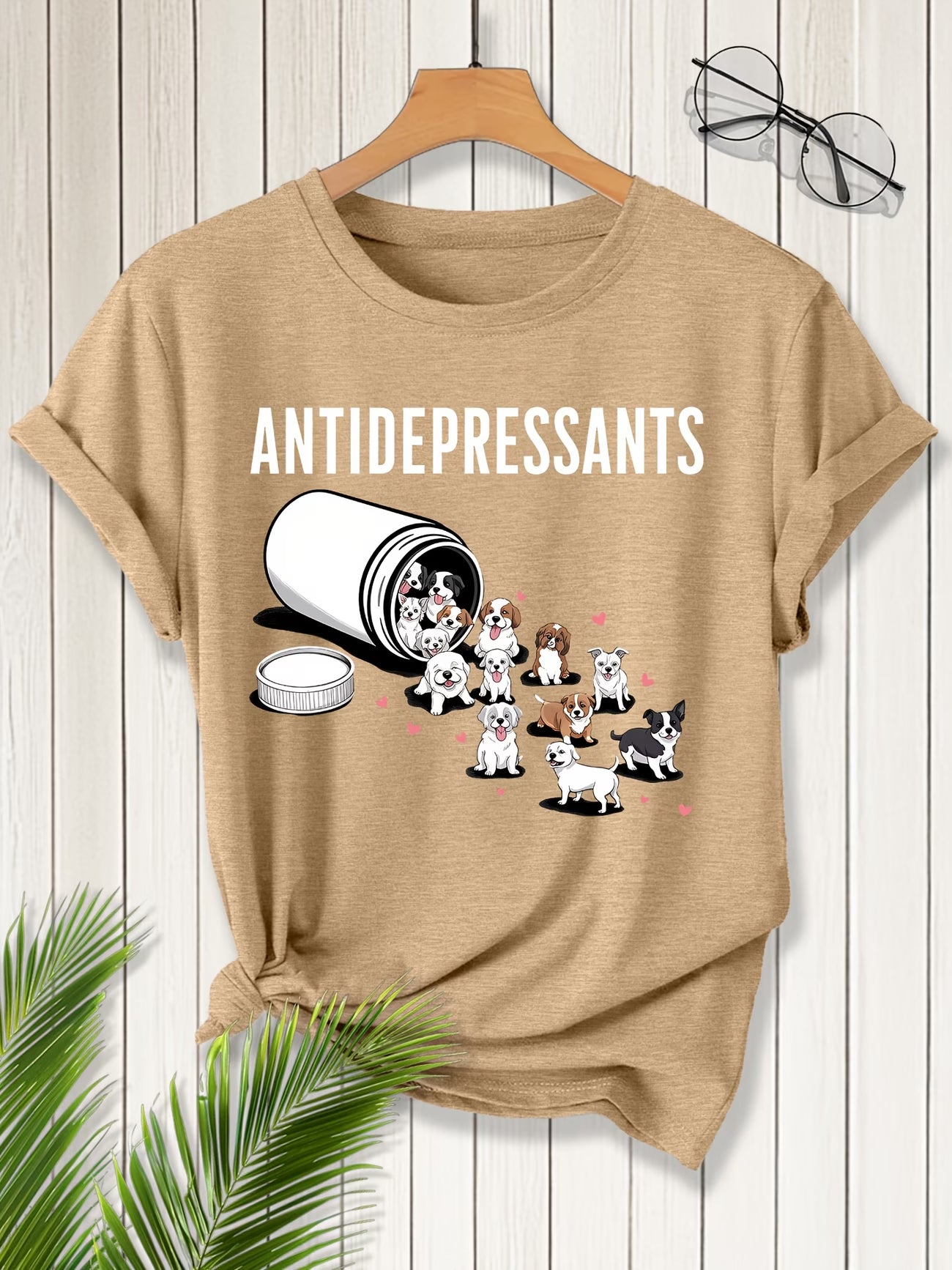 Women's Short Sleeve Cute Puppy "Antidepressant" Print Round Neck T-Shirt