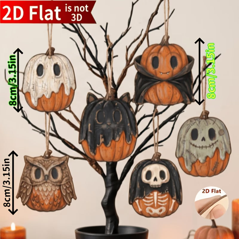 2D Flat Pumpkin-Shaped Wooden Hanging Ornaments – Retro Distressed Style (Set of 6)