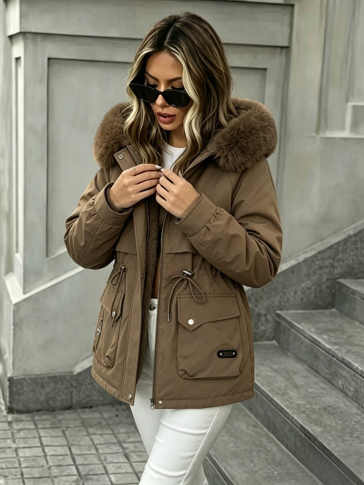 Women's Fleece-Lined Winter Parka – Big Hood, Drawstring Waist & Pockets