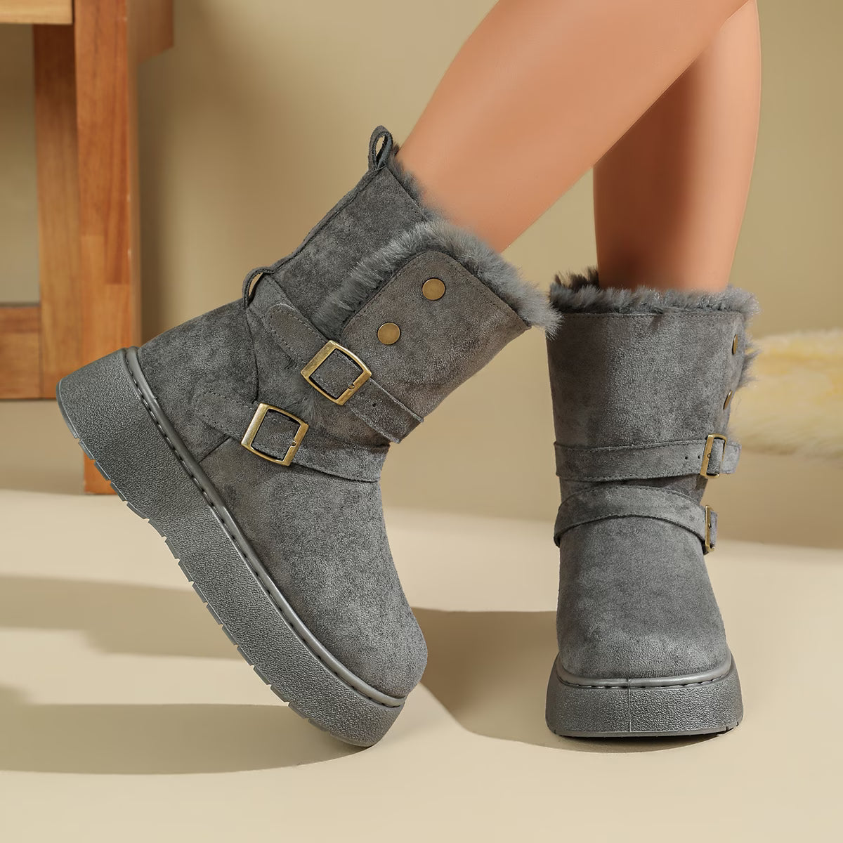 Women's Mid-Calf Platform Boots with Buckle Detail