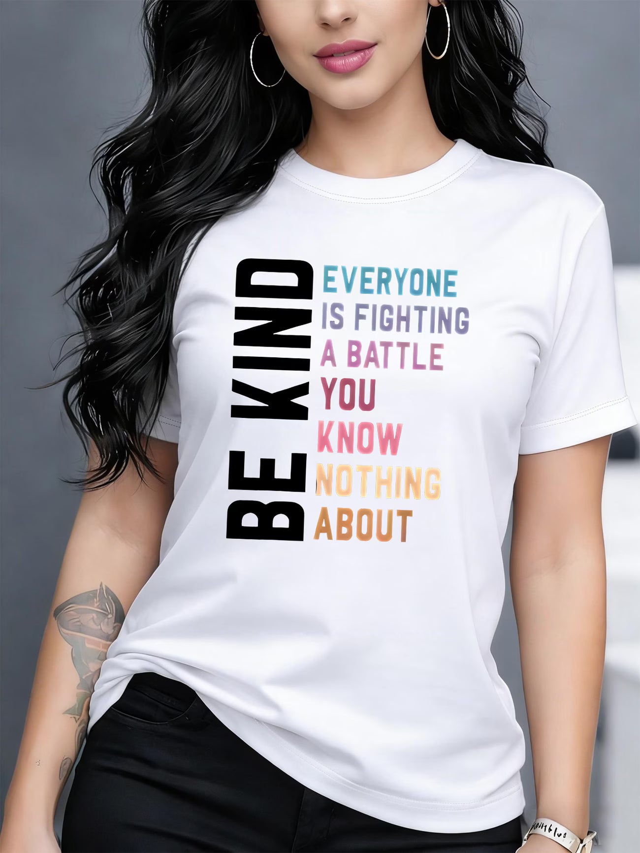 Women's "Be Kind" Letter Print T-Shirt — Crew Neck