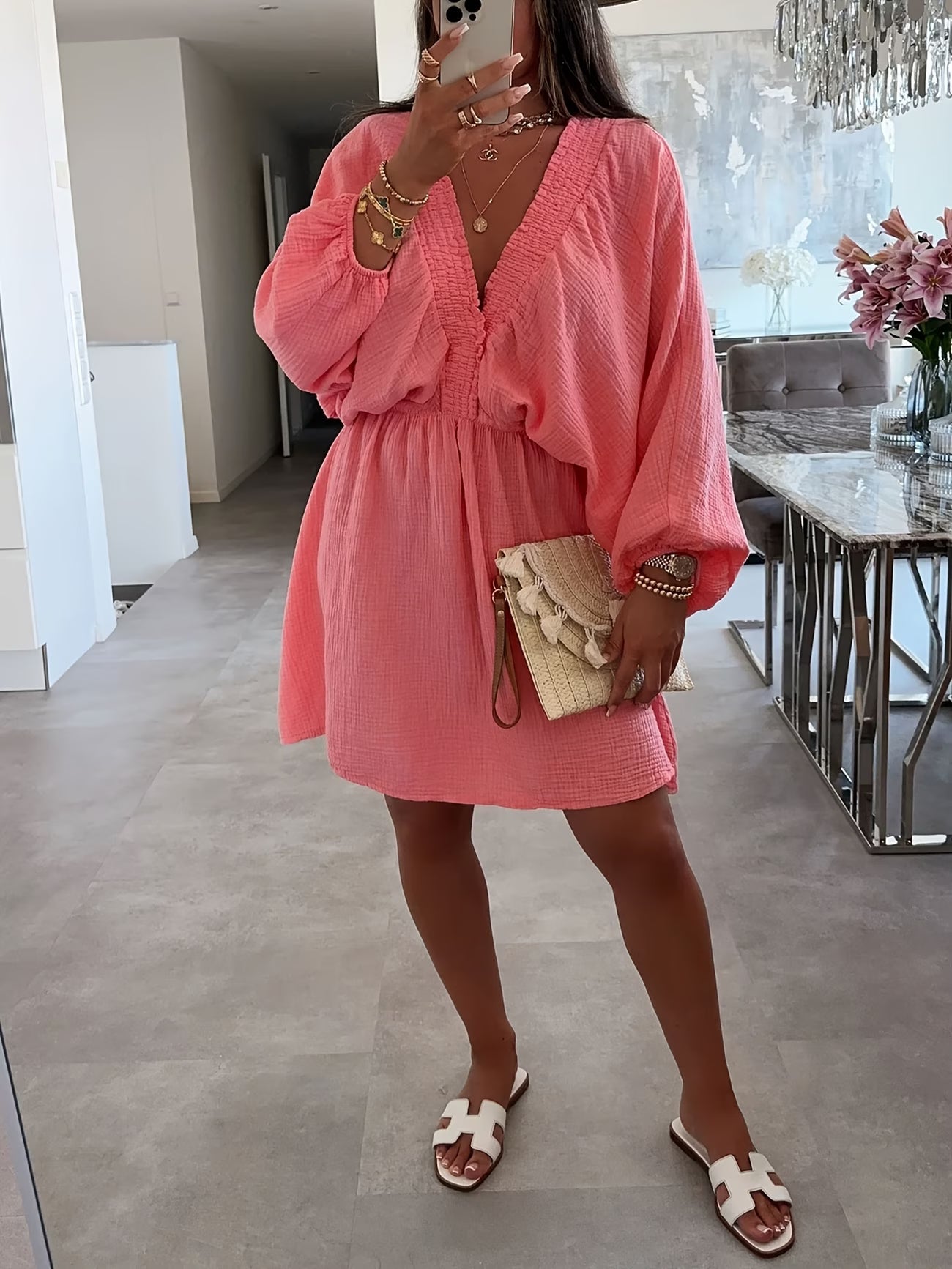 Puff Sleeve V-Neck Babydoll Dress