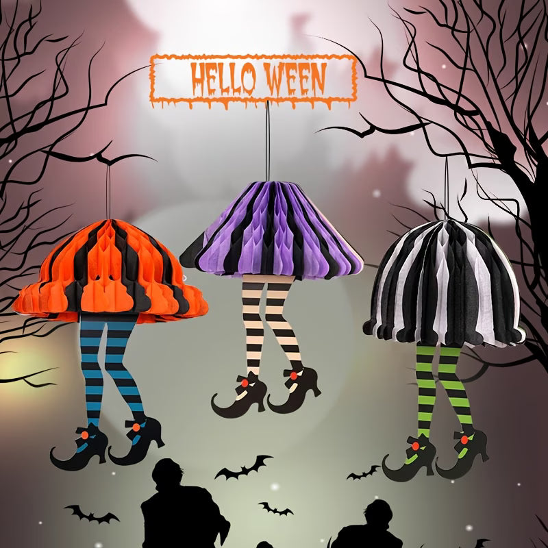 2D Flat Wooden Long Leg Witch Hanging Ornaments – Beehive Skirt (Set of 3)