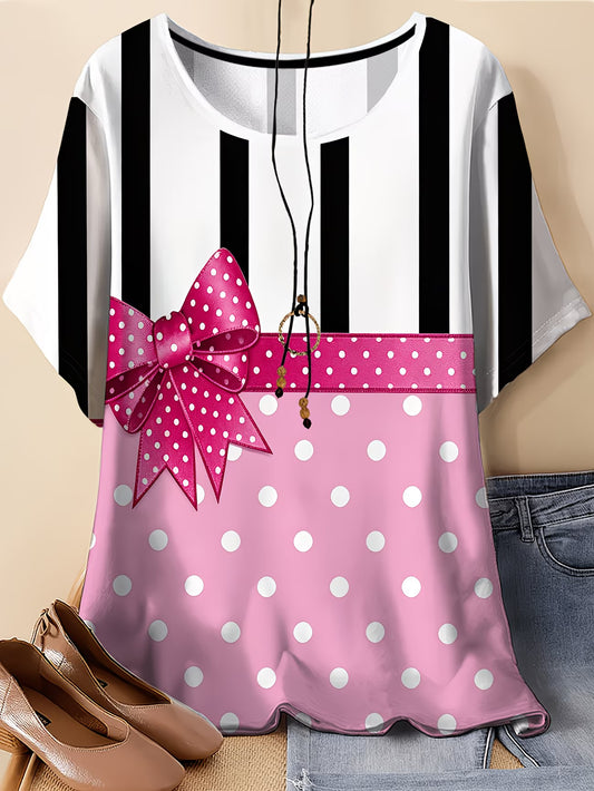 Vertical Stripe Bow Print Top — Plus Size