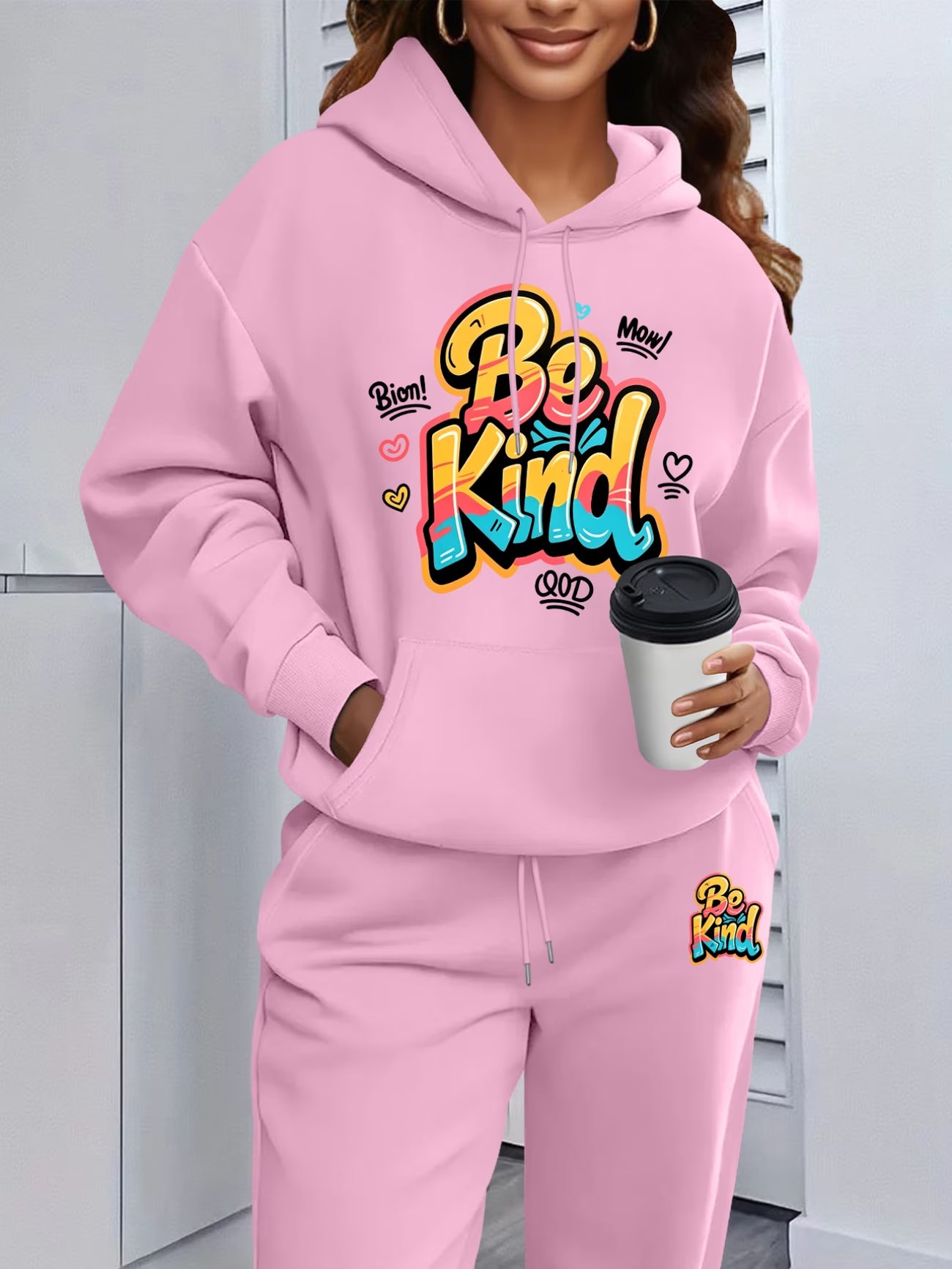 Be Kind Colourful Graffiti Print Hooded Sweatshirt & Sweatpants Set