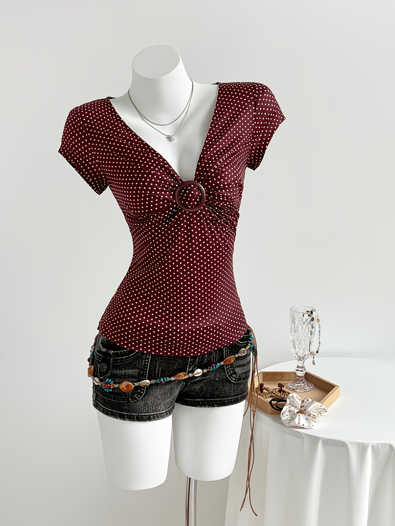 Polka Dot V-Neck T-Shirt – Pleated Button-Detail