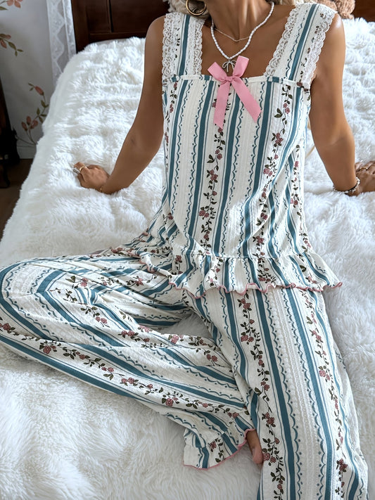 Floral Striped & Polka Dot Pattern Loose Vest Dress and Pants Set