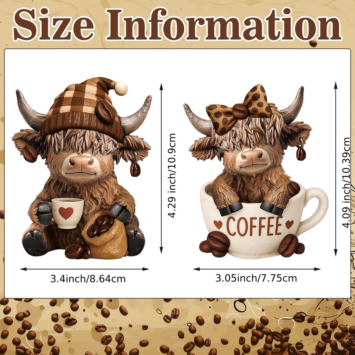 2pcs Cute Scottish Highland Cow Ornaments – Autumn Coffee Bean Edition
