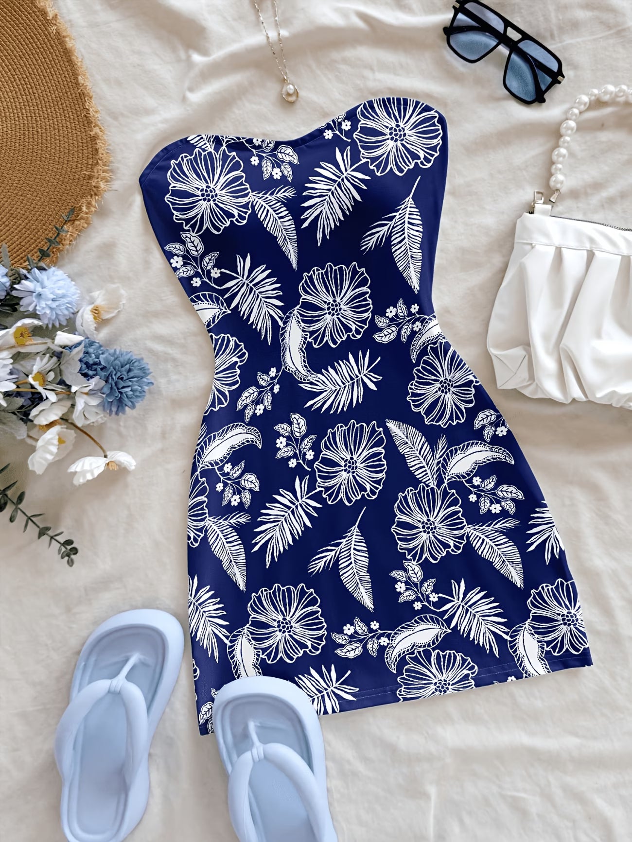 Women's Ribbed Strapless Floral Mini Dress