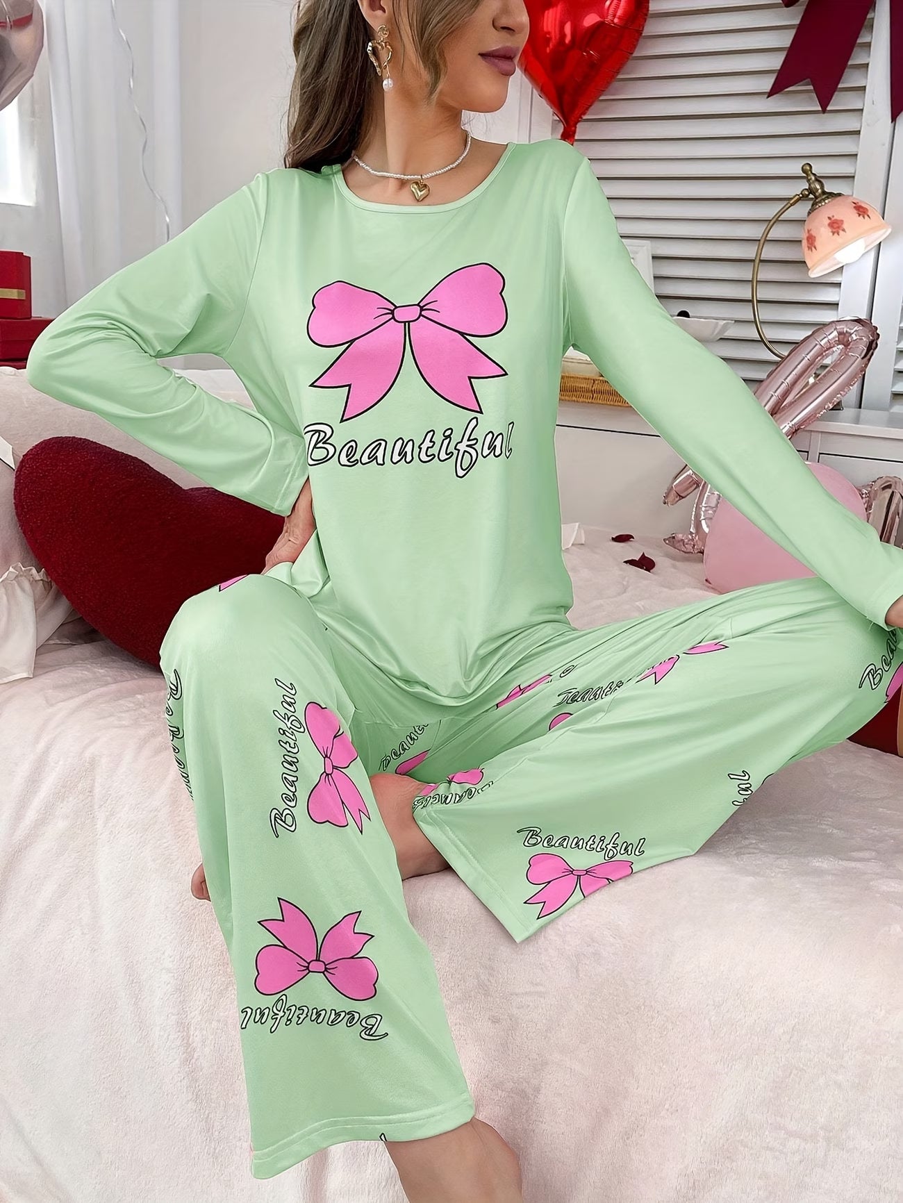 Women's Bow Tie Print Long-Sleeve Pajama Set