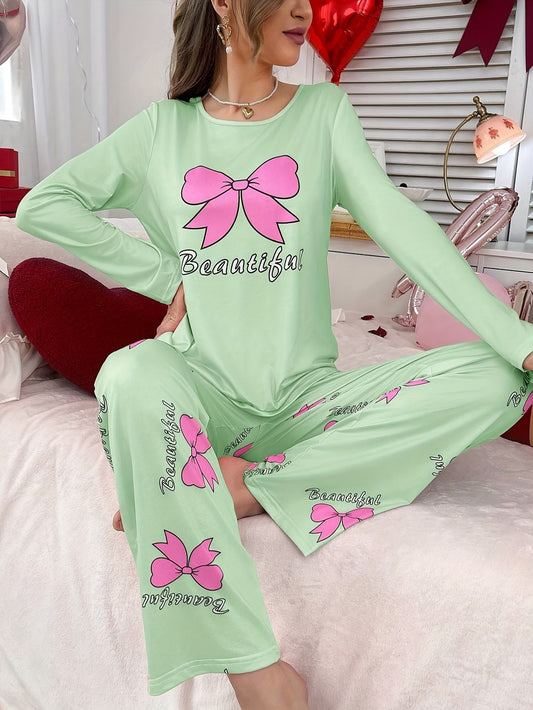 Women's Bow Tie Print Long-Sleeve Pajama Set