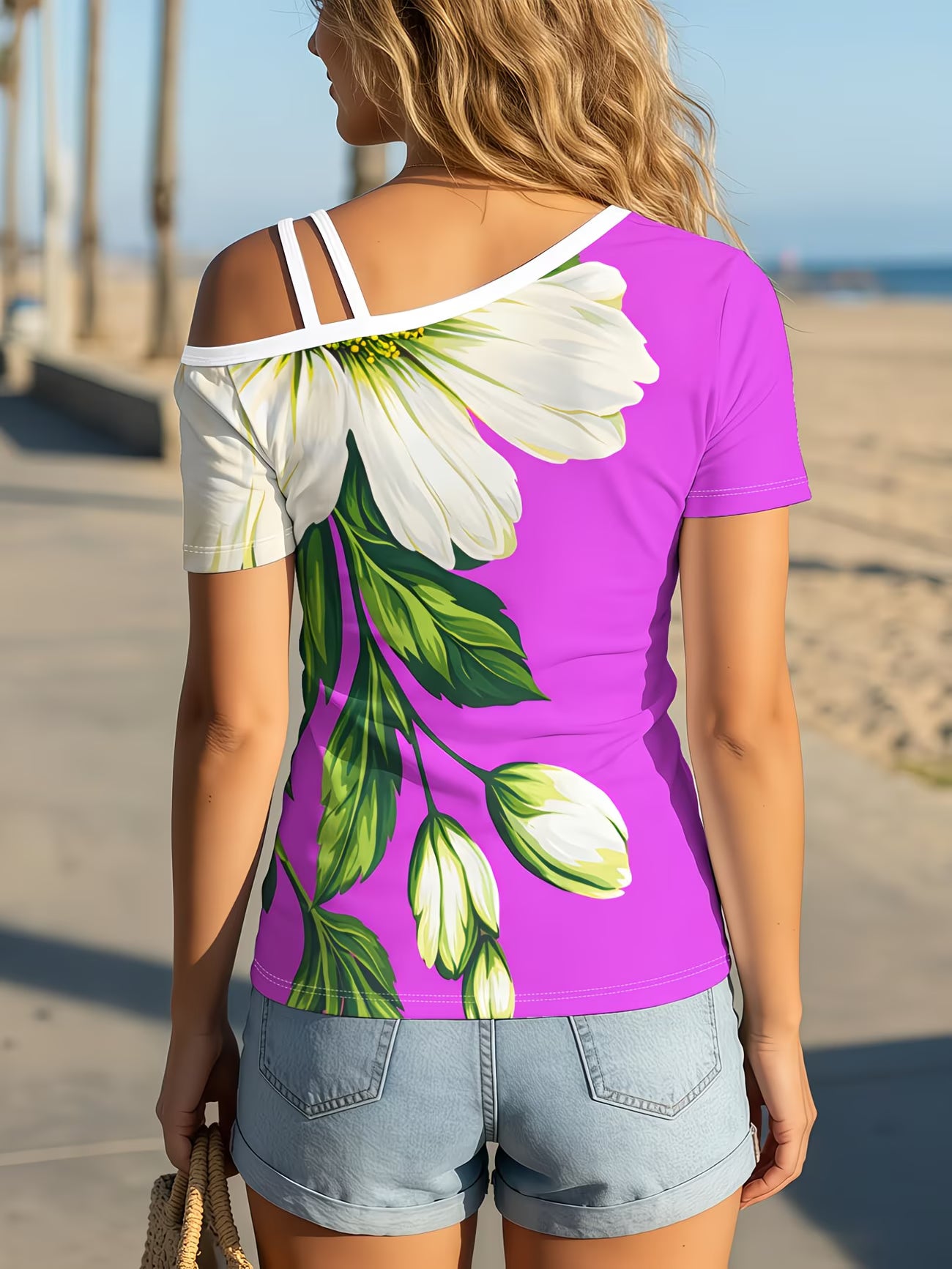 White Floral One-Shoulder Short Sleeve Top