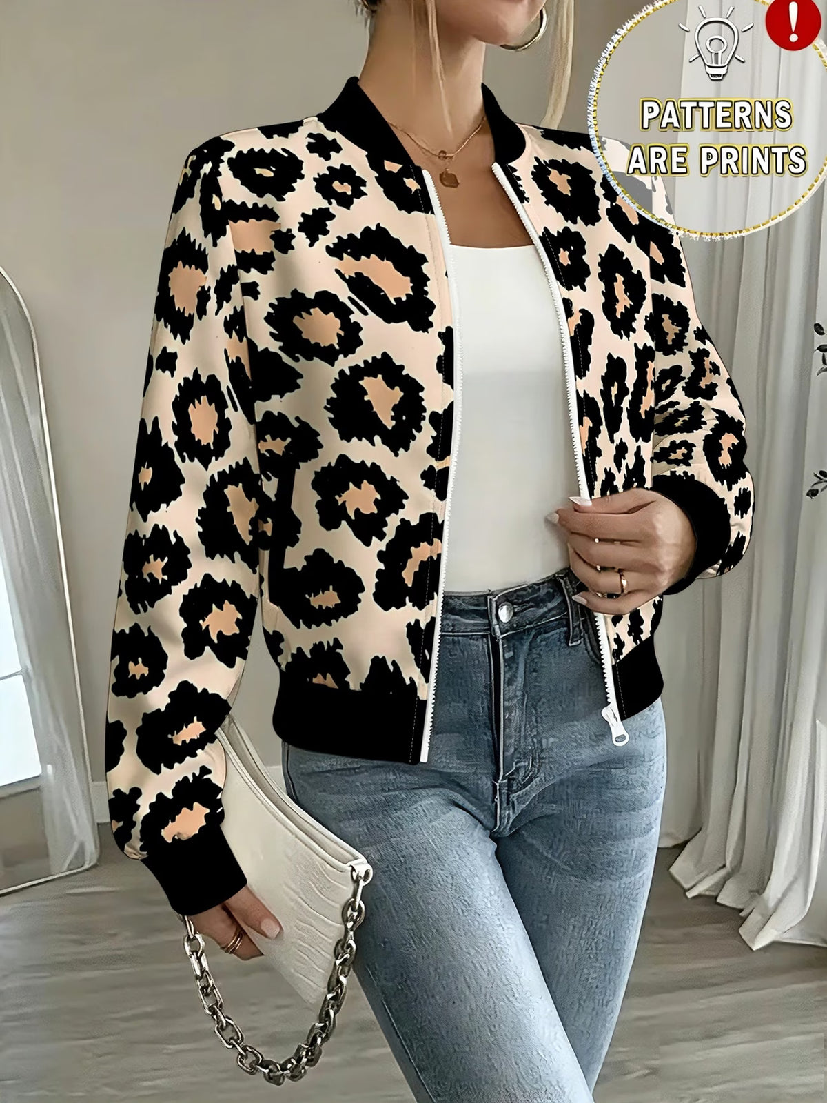 Women's Beige & Black Leopard Print Zip-Up Baseball Jacket