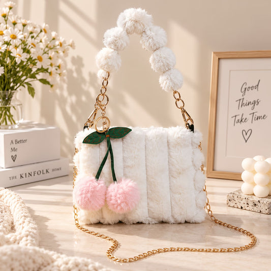 Women's Plush Mini Shoulder Bag with Cherry Charm