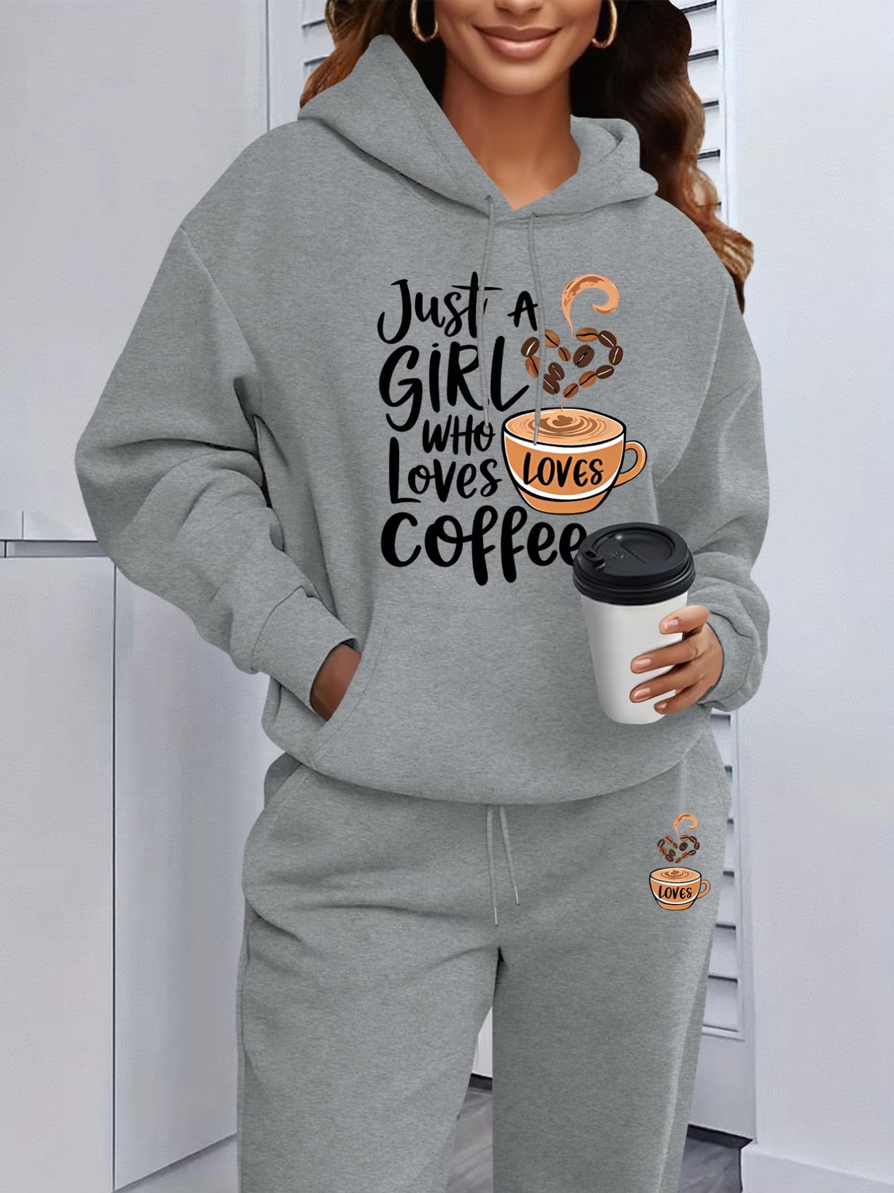 Coffee Lover Cup & Text Print Hooded Sweatshirt & Joggers Set