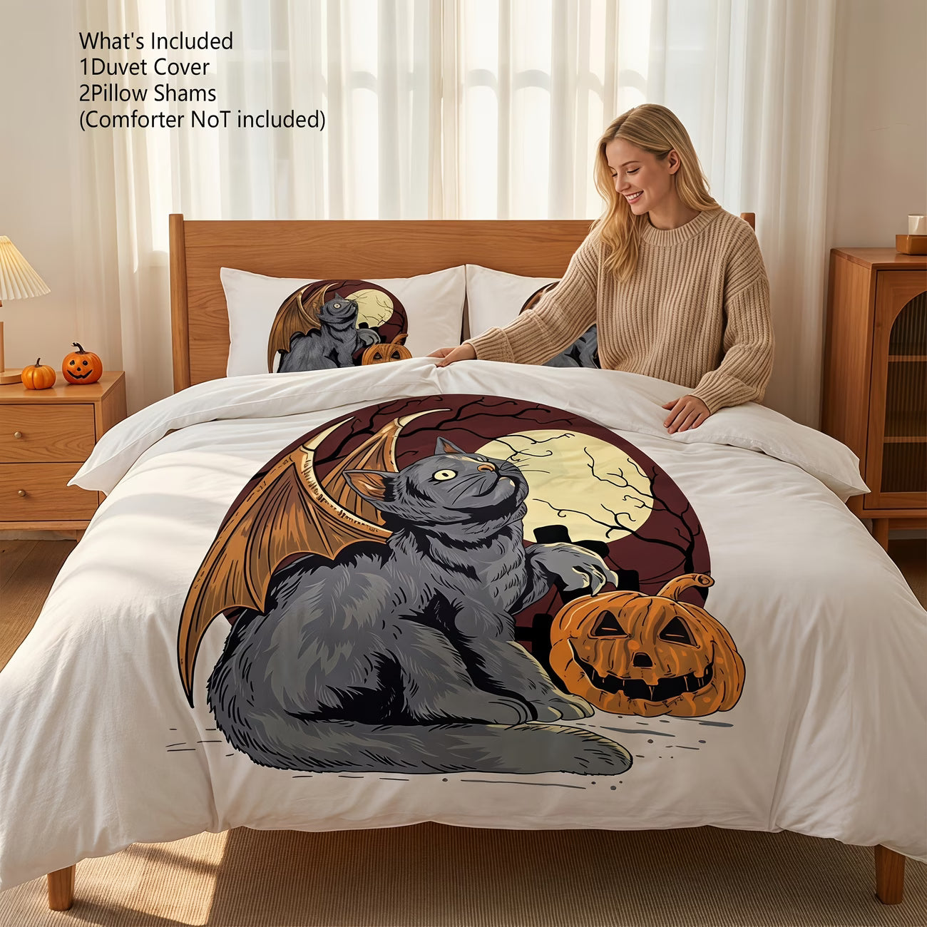 Halloween Cat & Pumpkin Print Duvet Cover Set – 3pcs, Double-Sided Design, Pure White Reverse (Inserts Not Included)