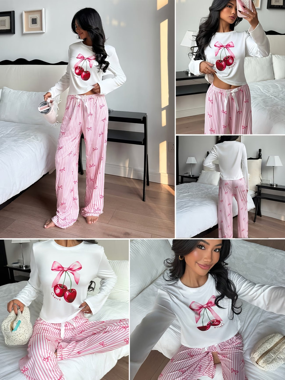 Women's Cherry-Themed Pajama & Loungewear 2-Piece Set
