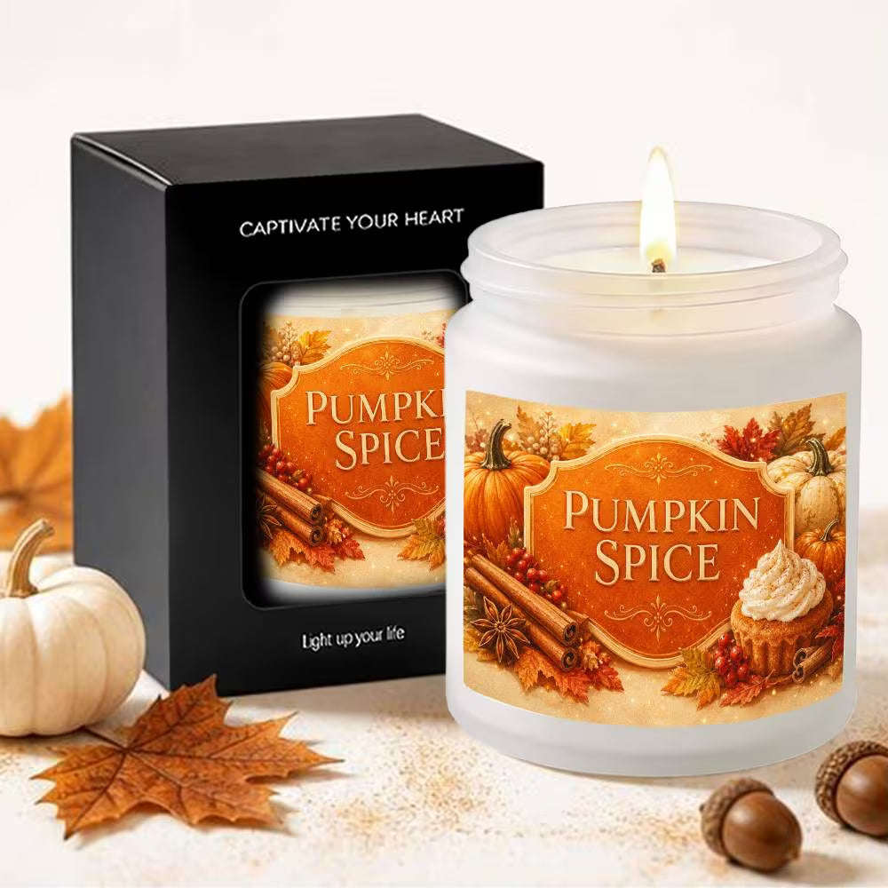 Pumpkin Spiced Scented Glass Jar Candle | Elegant Pumpkin Leaves Design